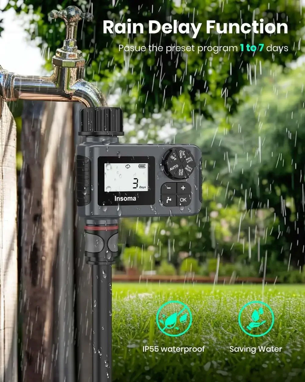 Outdoor Garden Hose Faucet Timer, Programmable Water Sprinkler System with Rain